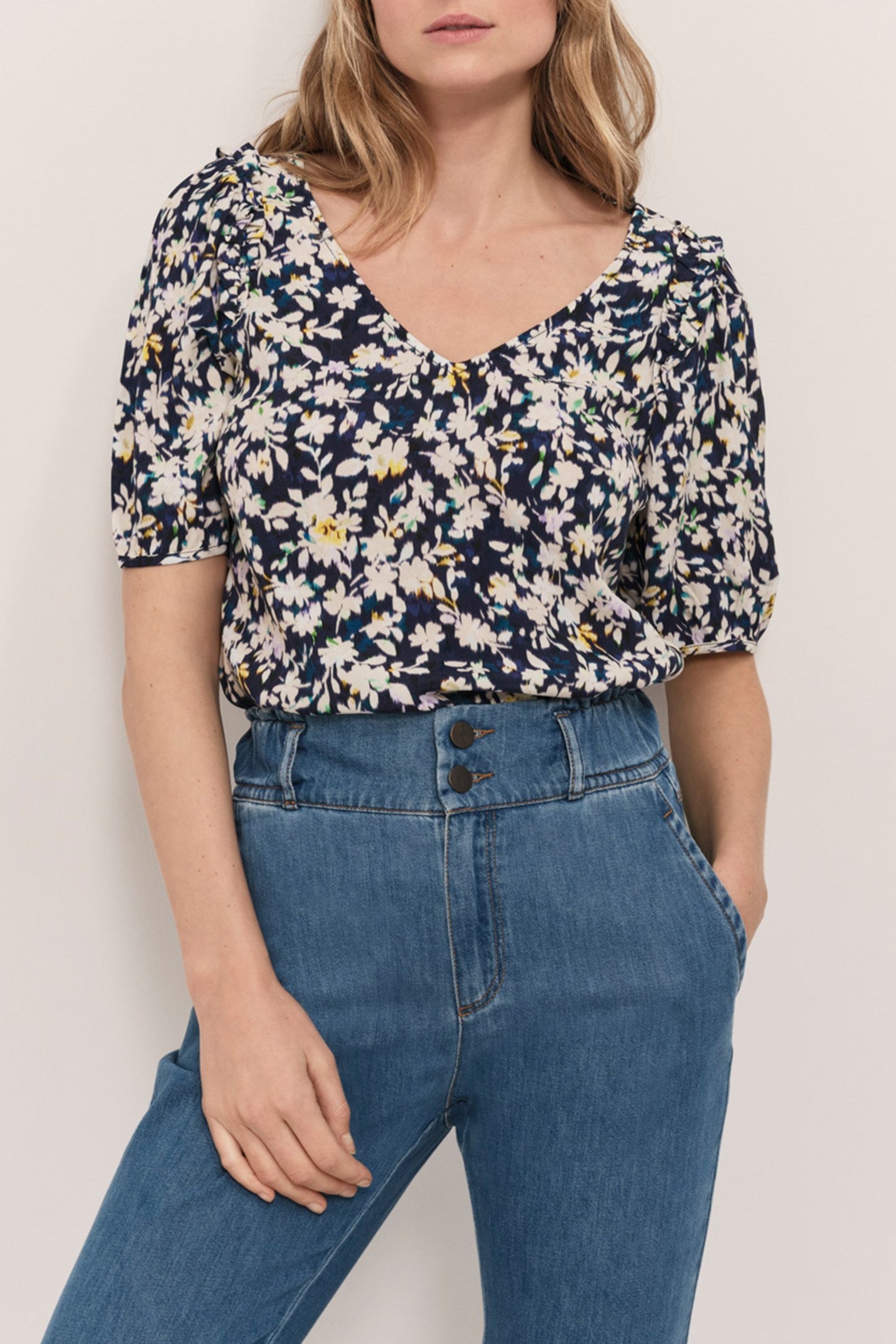 CABANA - NAVY TOP WITH FLORAL ILLUSION PRINT 1
