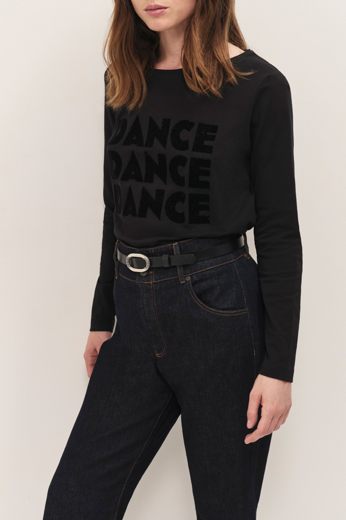 MAFFY - BLACK T-SHIRT WITH SEQUINED VELVET FLOCKING AND FOLI 1