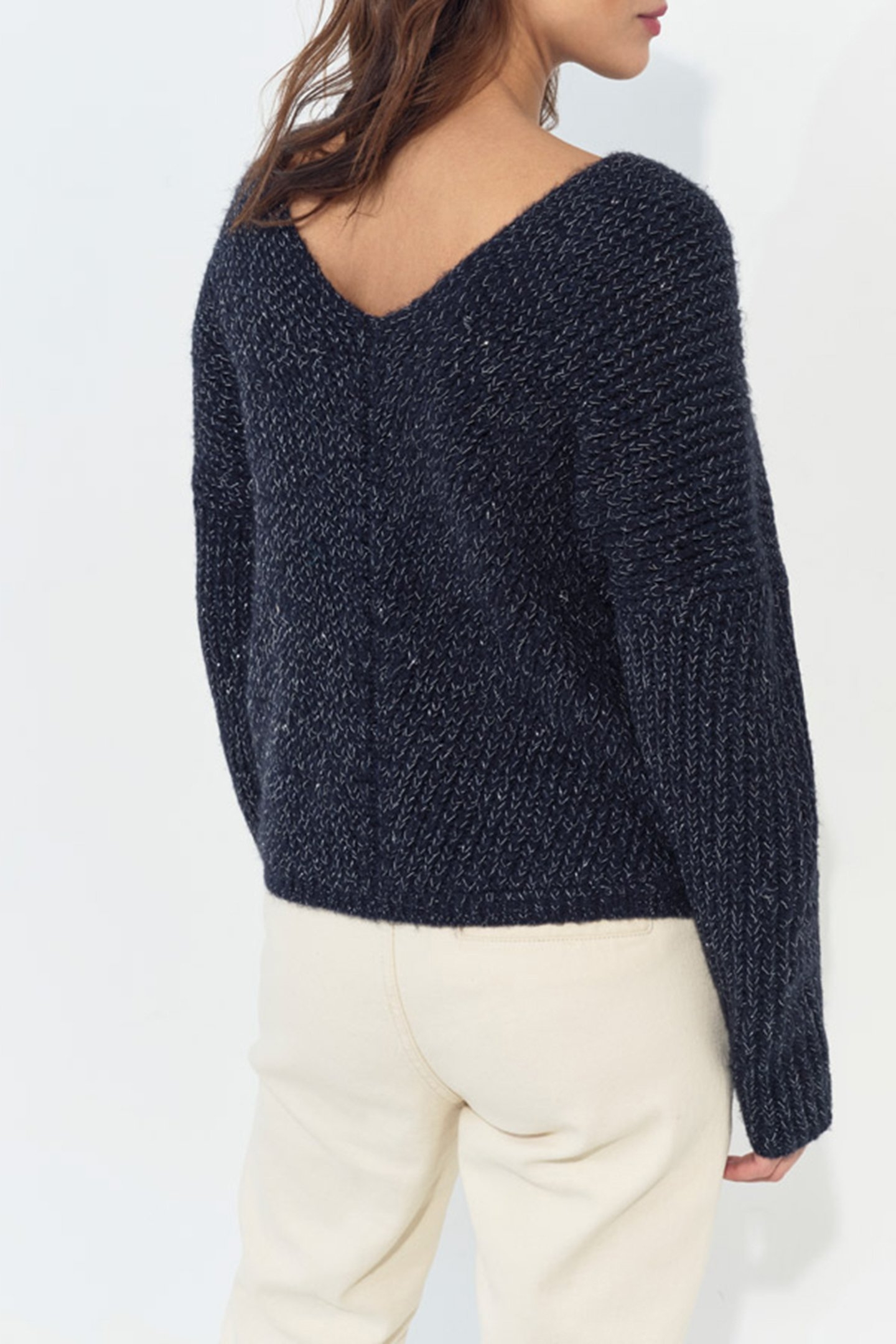 TIMEO - NAVY LUREX KNIT V-NECK JUMPER FRONT/BACK 5