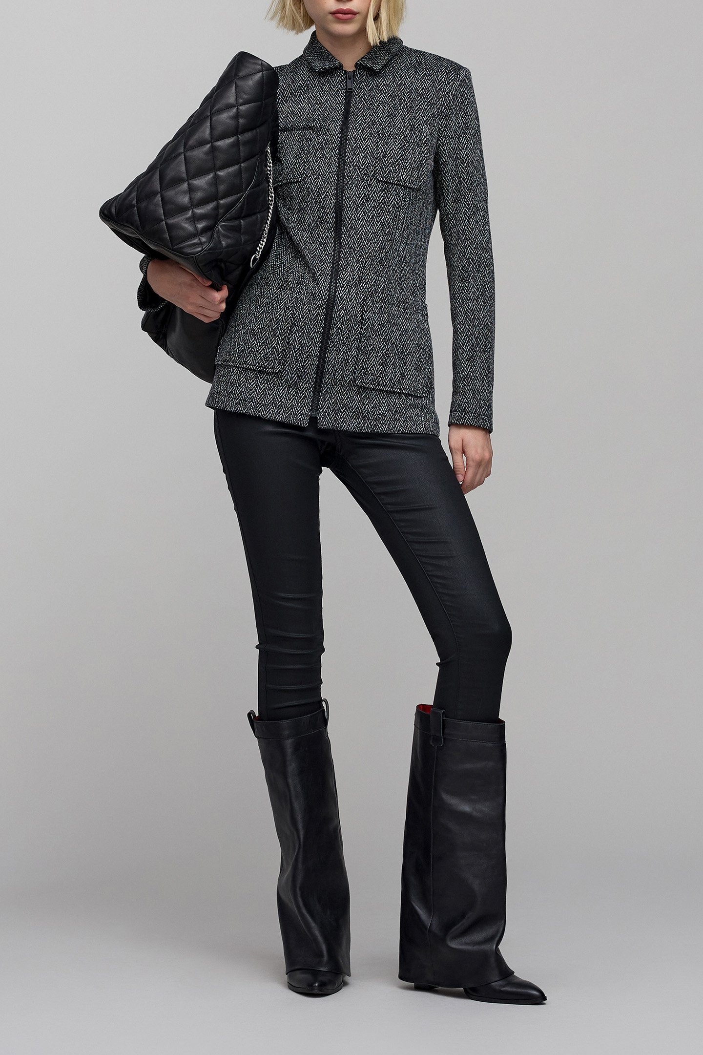 GREY HERRINGBONE-KNIT ZIP-UP JACKET 4