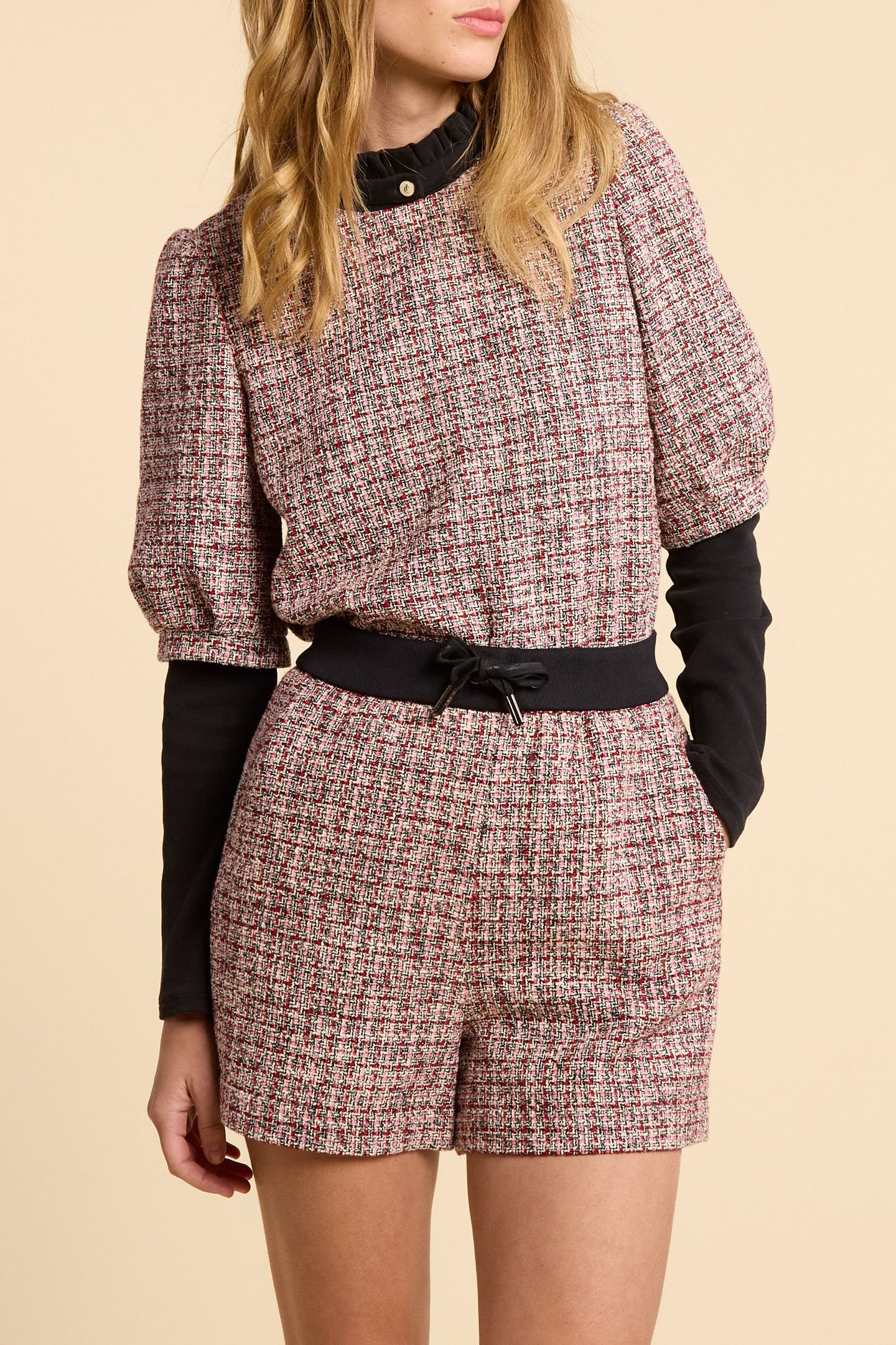 RED DECORATIVE TWEED-STYLE SHORTS 5