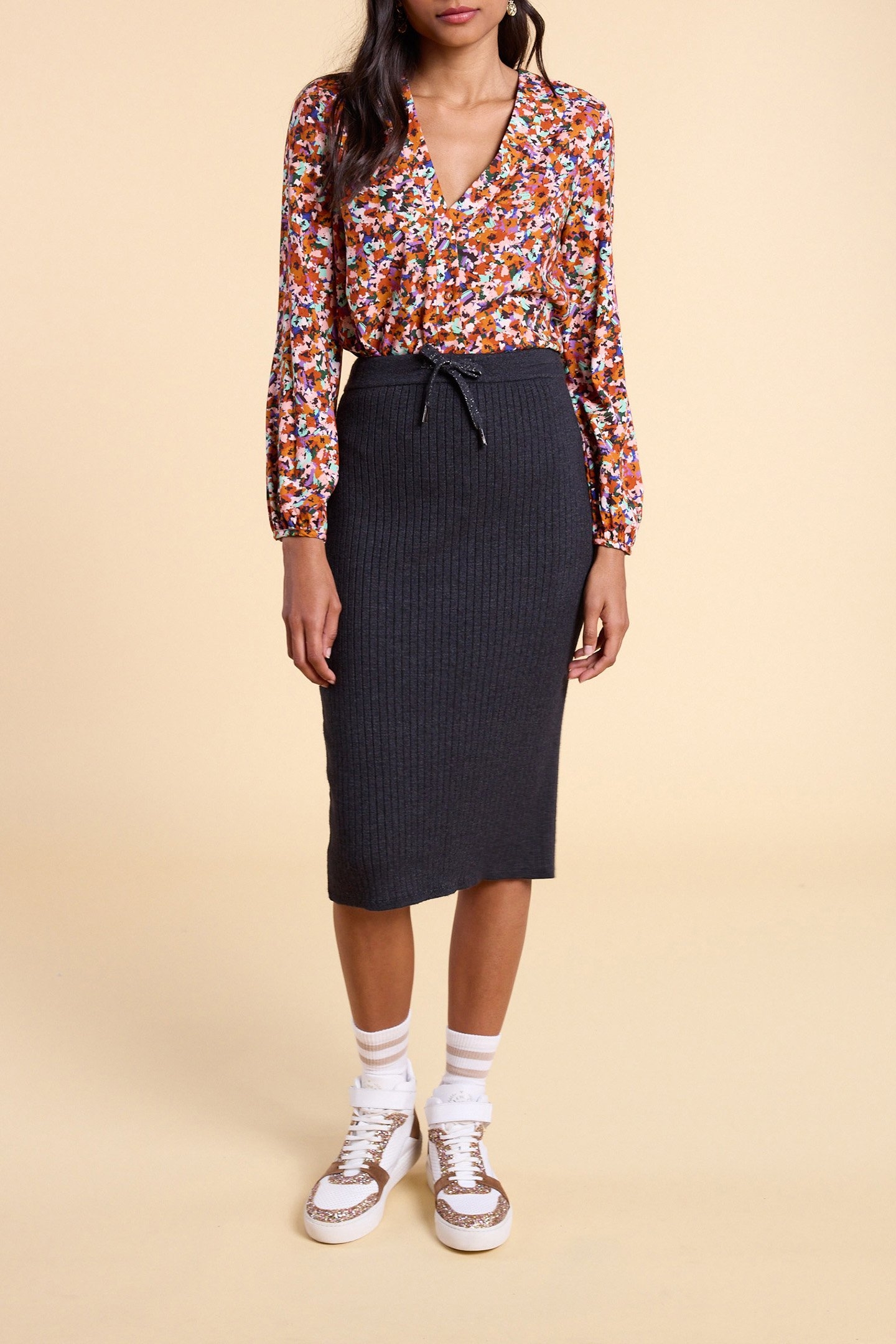 CAMEL BLOUSE WITH MULTICOLOUR TACHIST PRINT 1