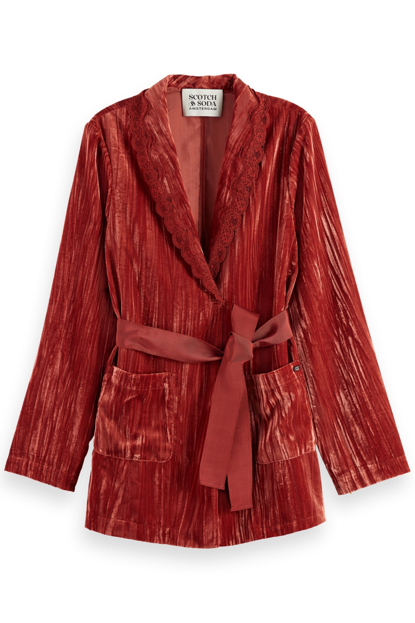 LACE TRIMMED VELVET PYJAMA BLAZER RUST 4