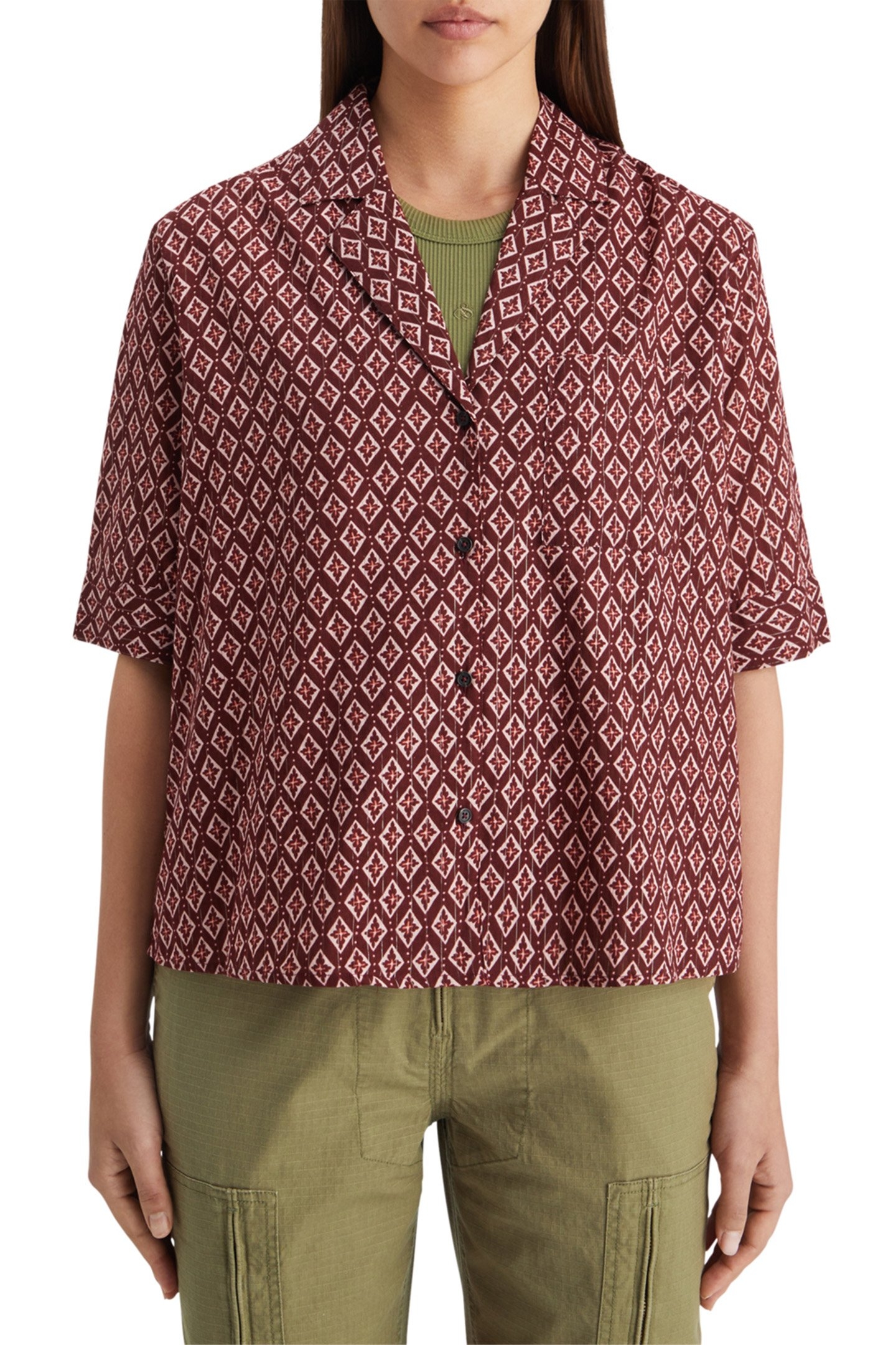SS SHIRT LUREX PRINT GEO FLOWER BORDEAUX 1