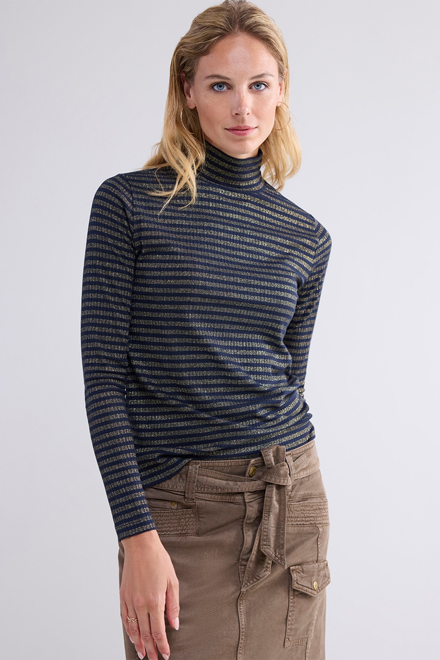 TURTLE NECK TOP LUREX RIB STRIPE MIDNIGHT BLUE 1
