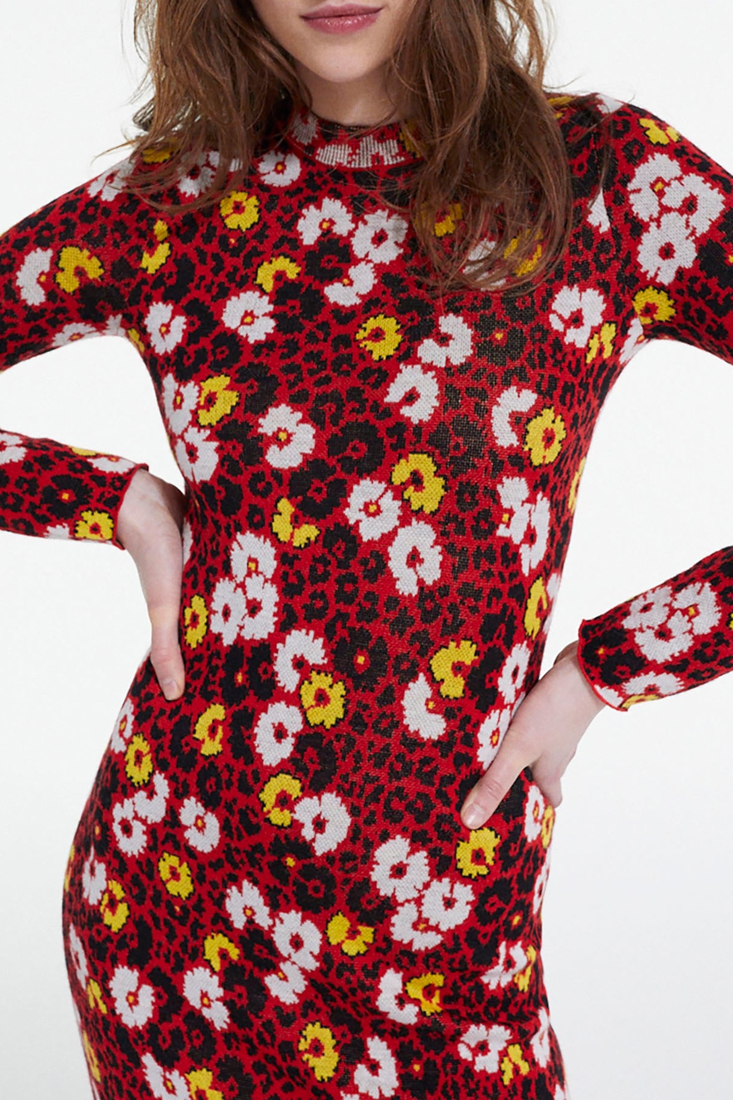 LONG WOOL DRESS IN FLORAL JACQUARD DARK RED 4