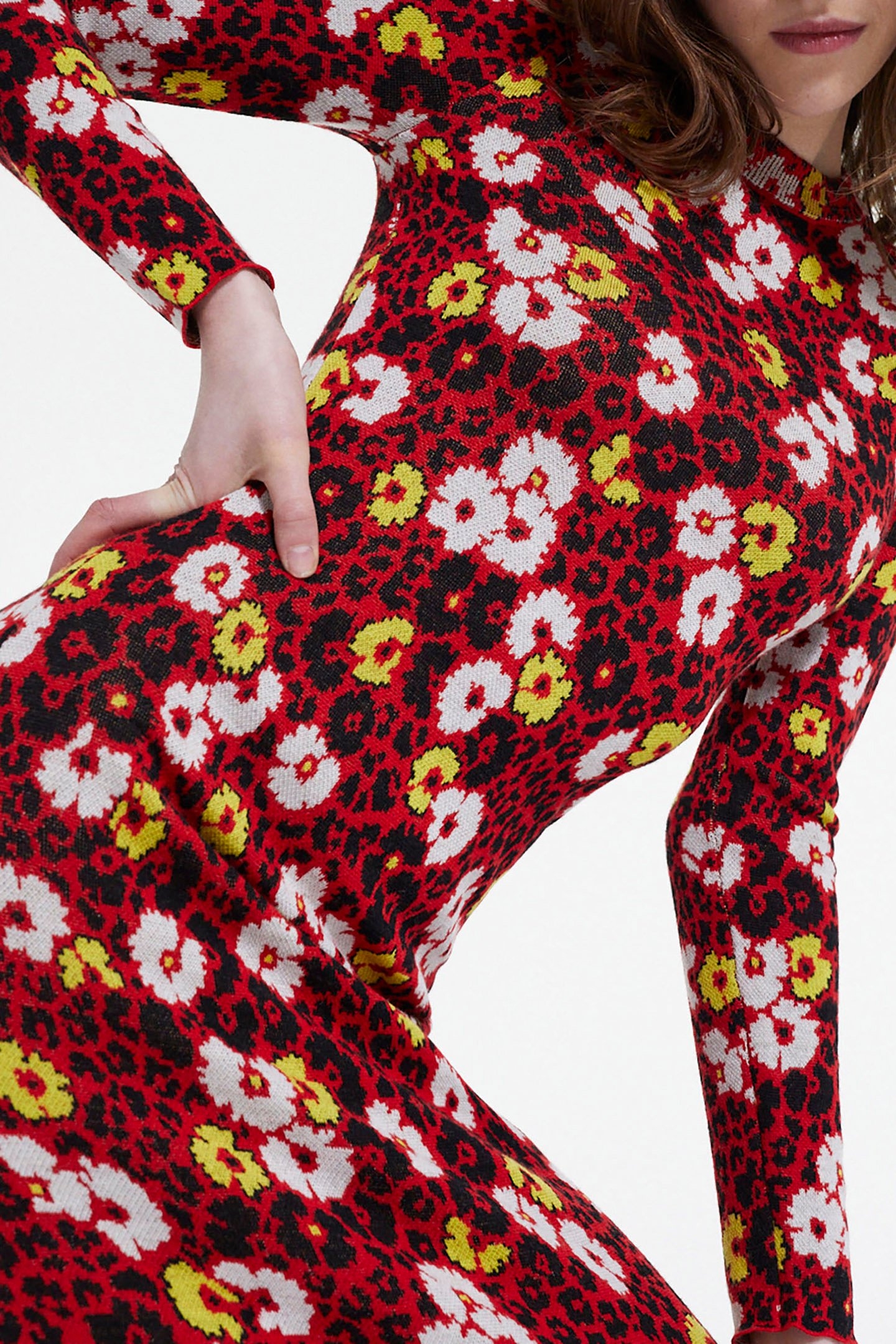 LONG WOOL DRESS IN FLORAL JACQUARD DARK RED 5