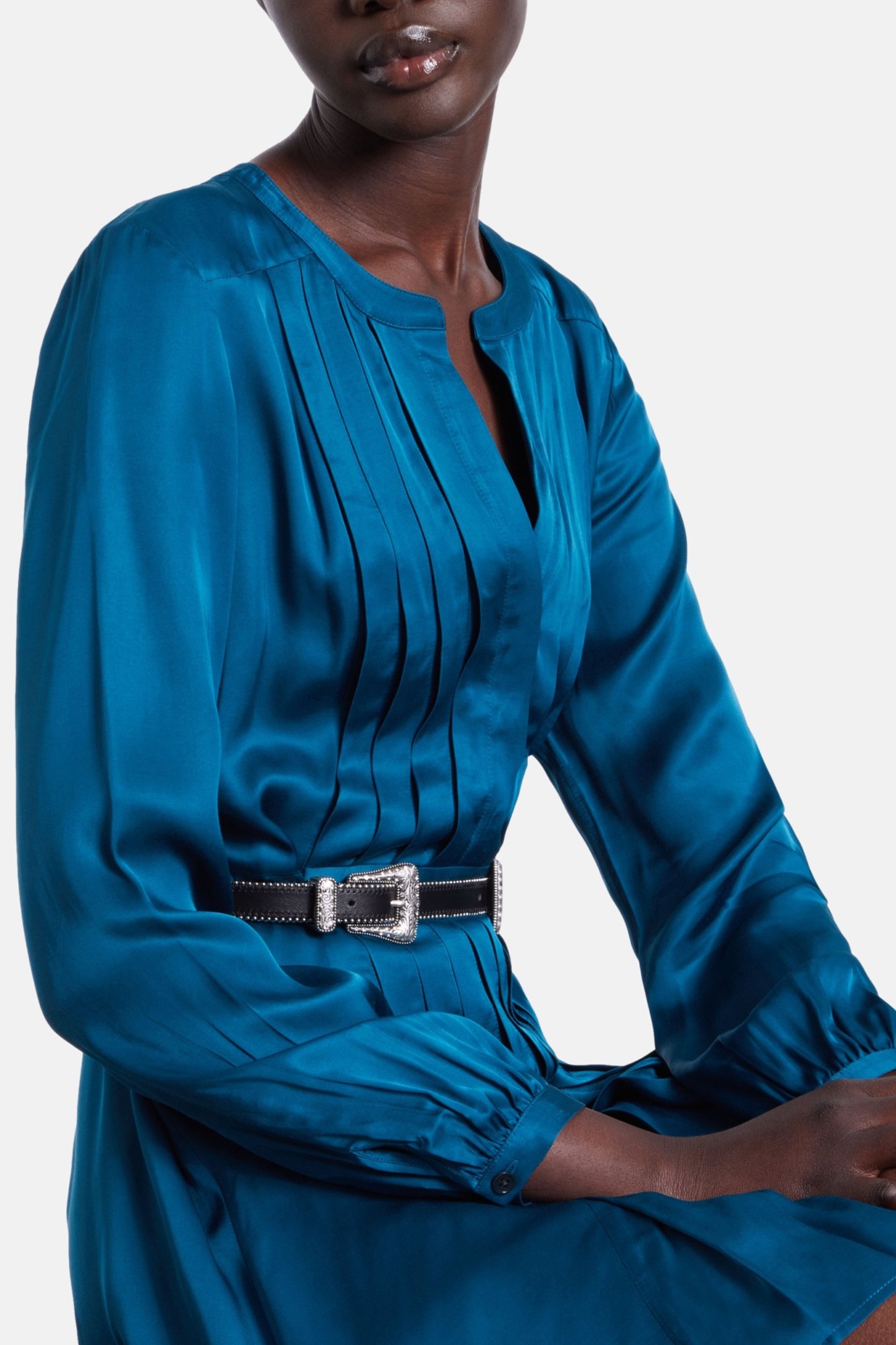 PLEATED 3/4 SLEEVE DRESS MEDIUM BLUE 6