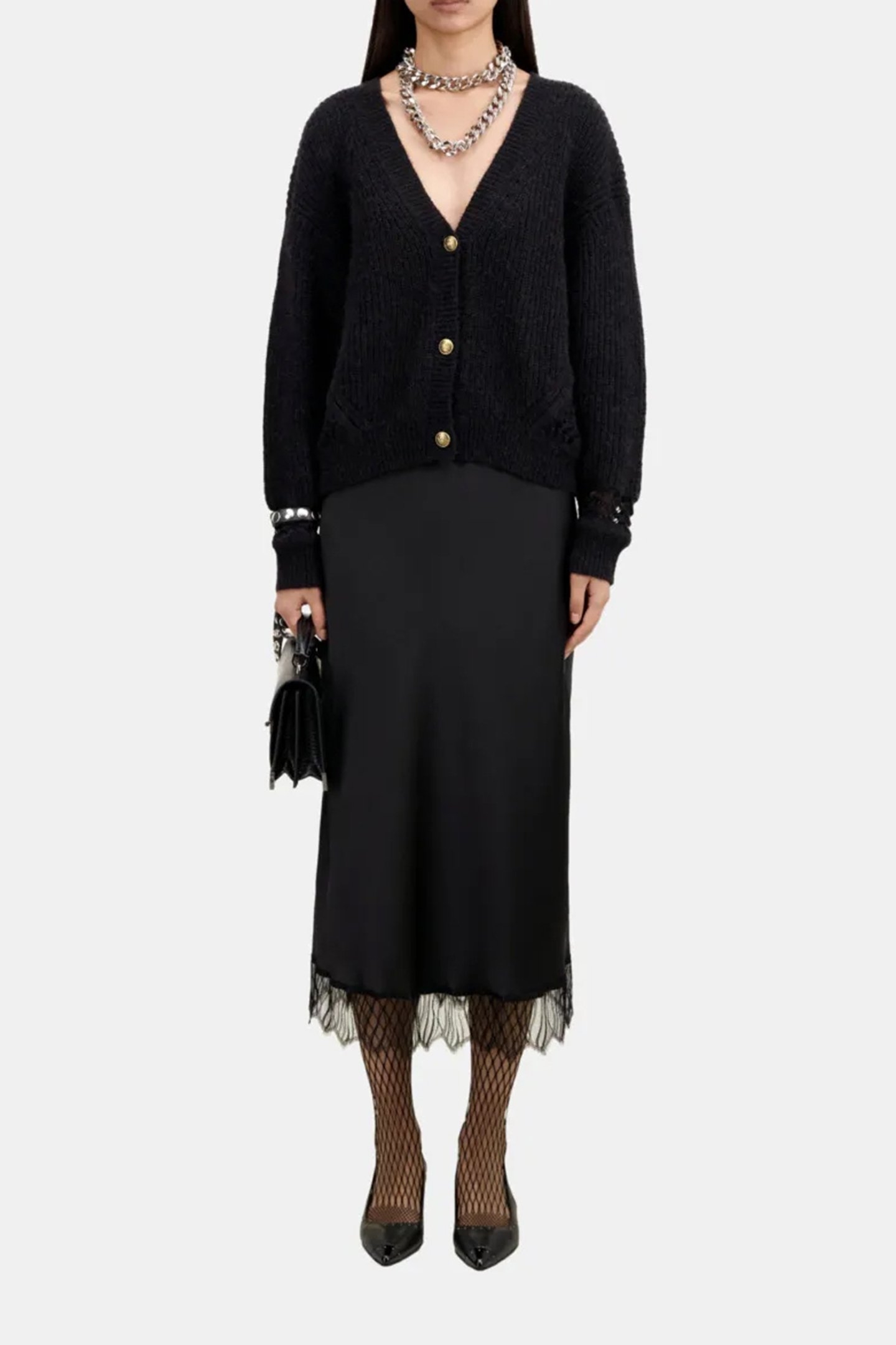 PEARL AND POINTELLE RIB CARDIGAN BLACK 1