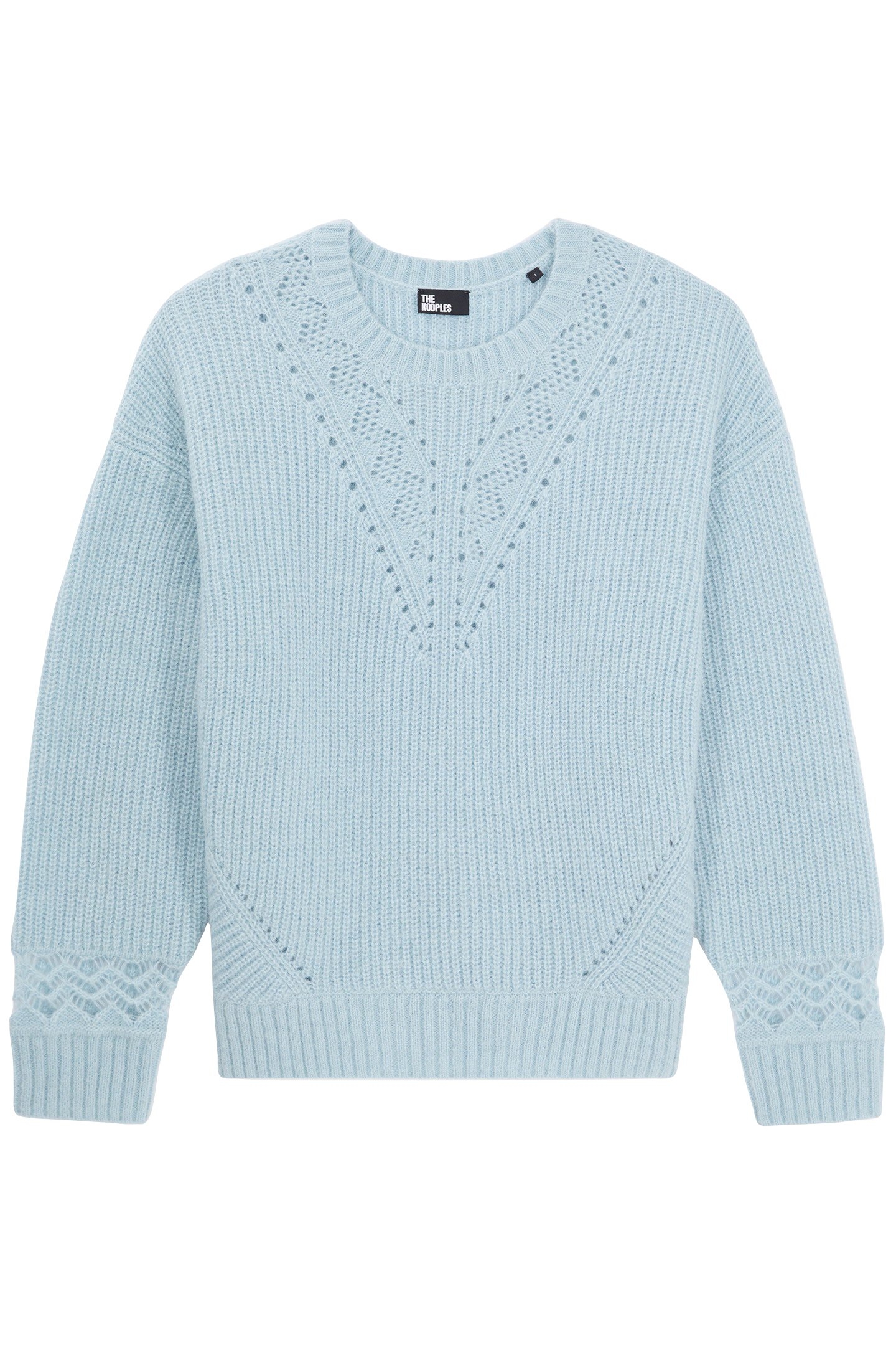 ROUND NECK SWEATER IN PEARL AND POINTELLE RIB BLUE GREY 3
