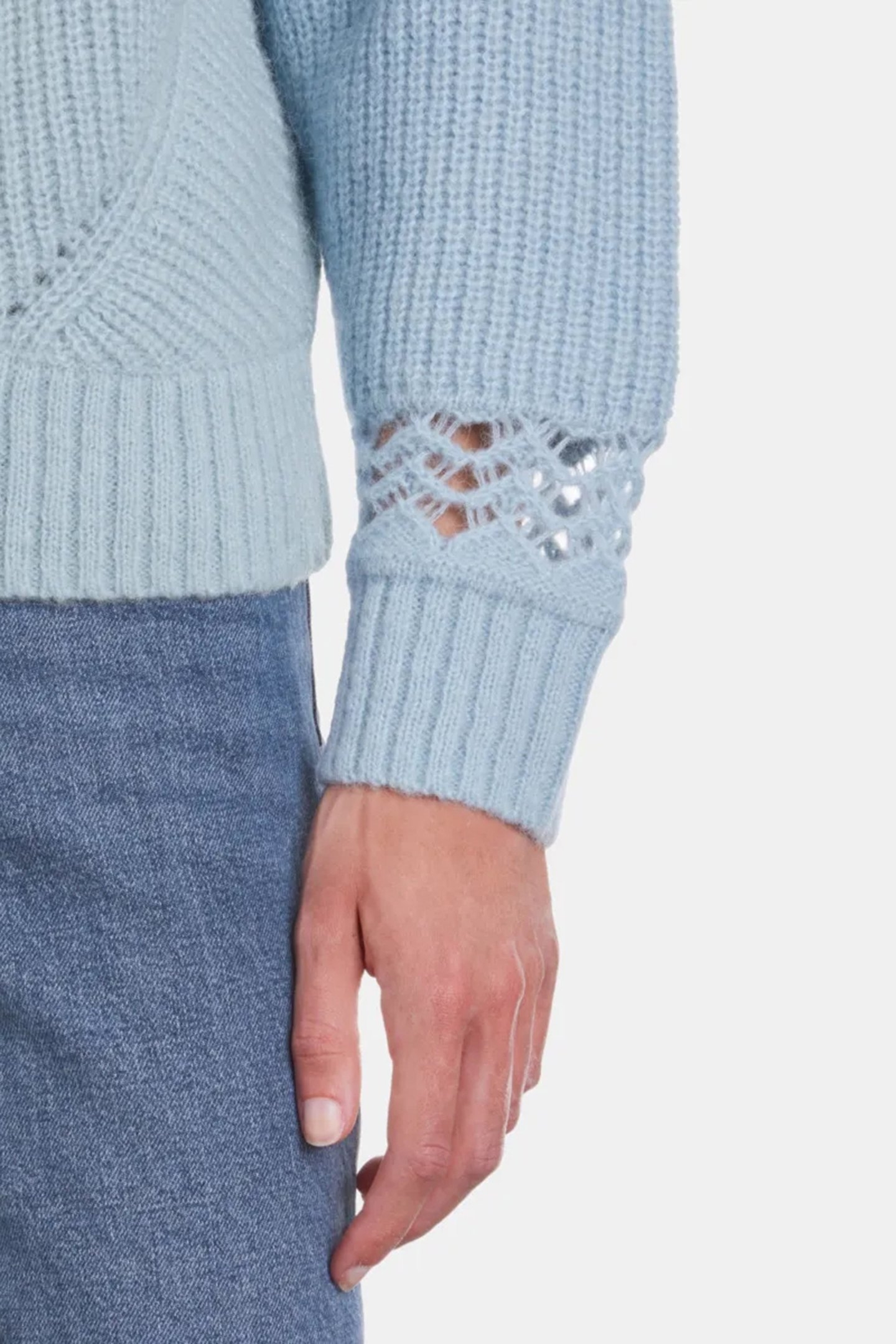 ROUND NECK SWEATER IN PEARL AND POINTELLE RIB BLUE GREY 4