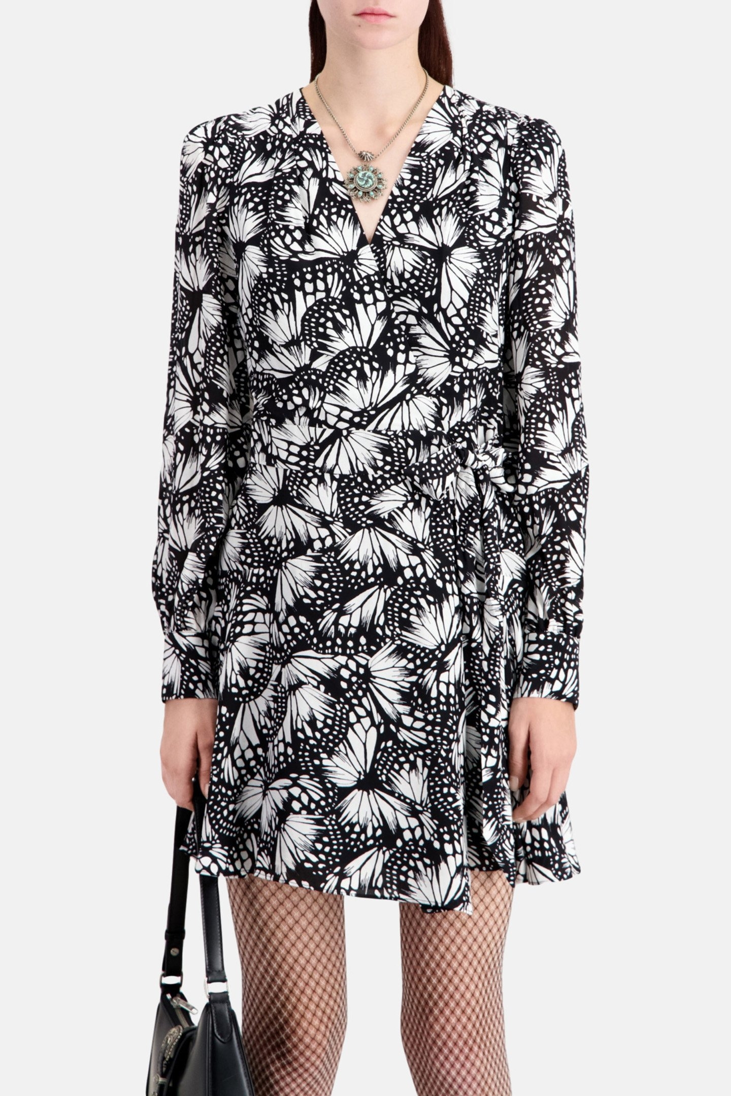 SHORT WRAP DRESS WITH LONG SLEEVES BLACK WHITE 1