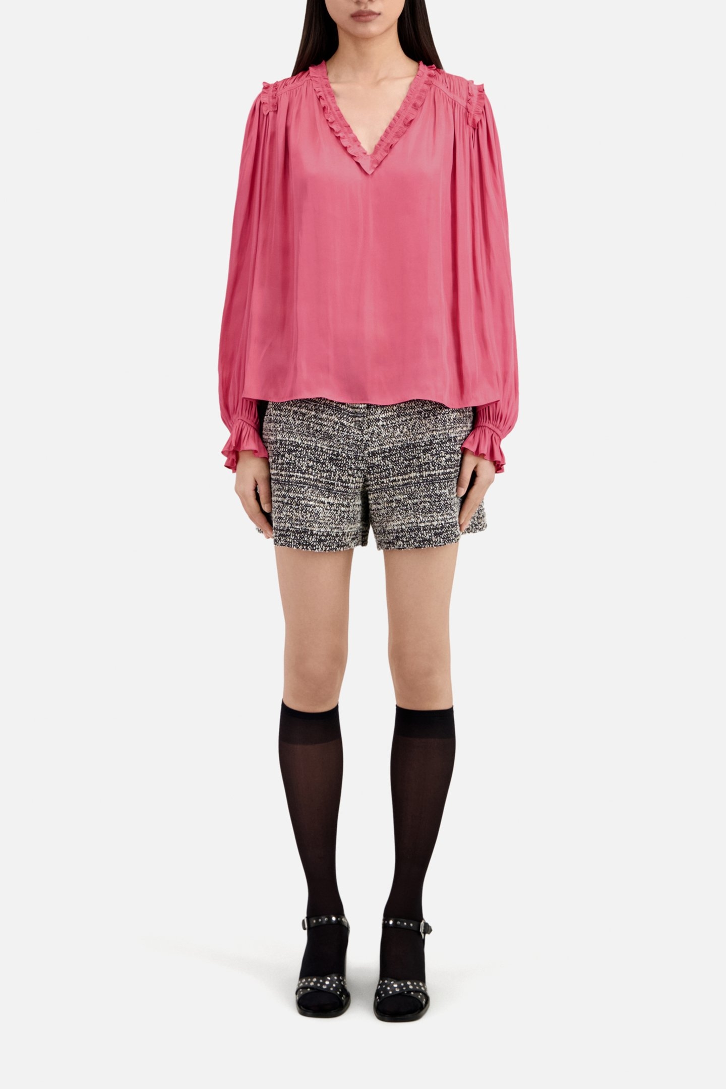 LONG SLEEVE V-NECK TOP WITH FRILLS PINK 2