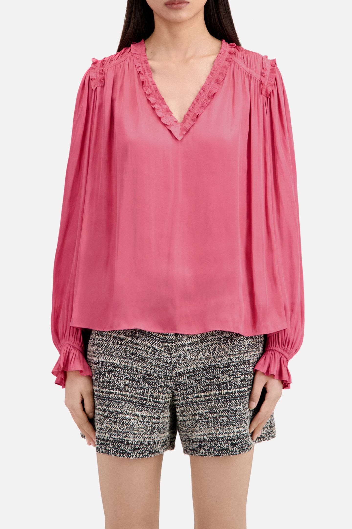 LONG SLEEVE V-NECK TOP WITH FRILLS PINK 1