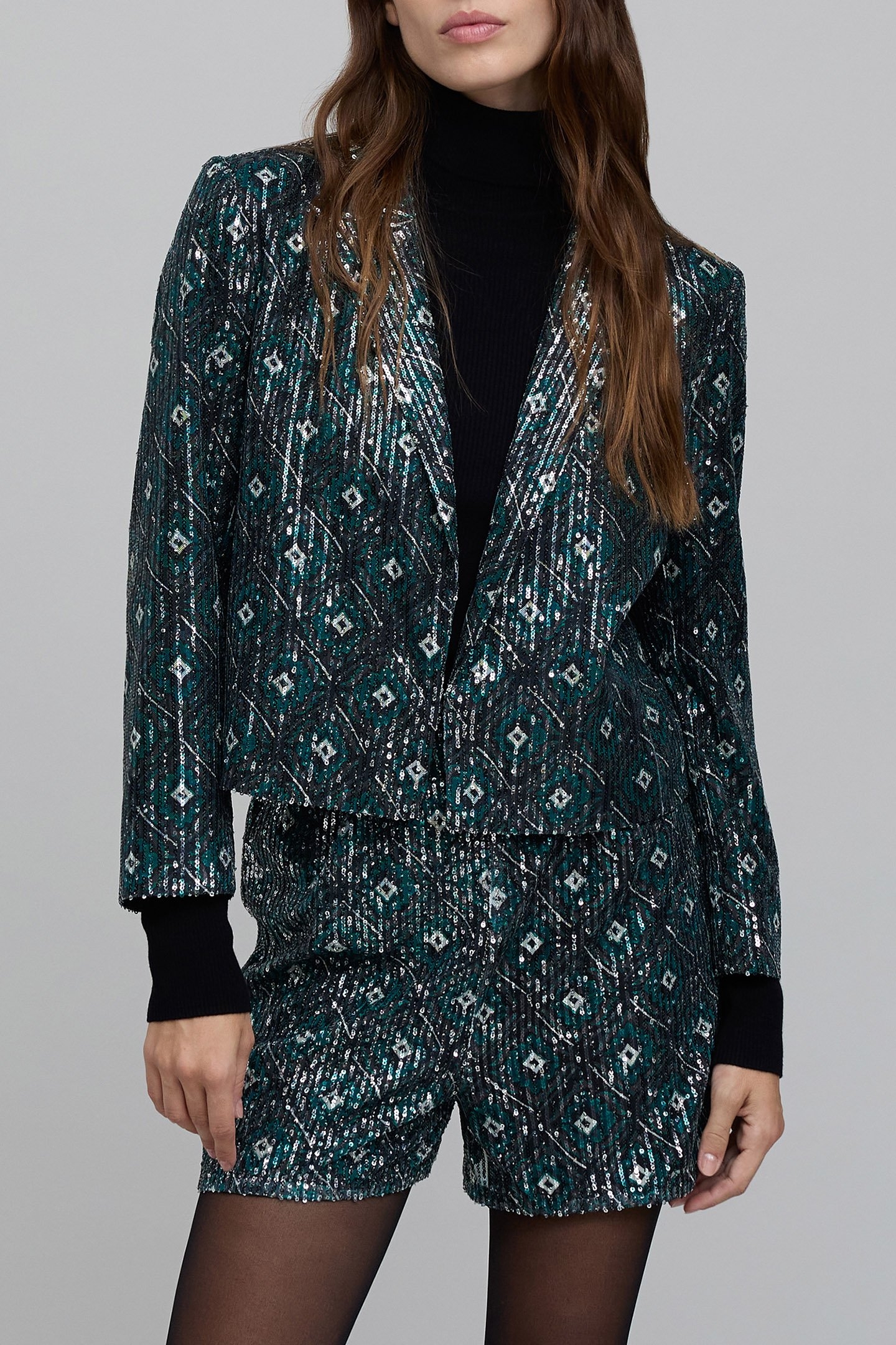 BLACK GEOMETRIC PRINT JACKET WITH SEQUINS EMBROIDERY 1