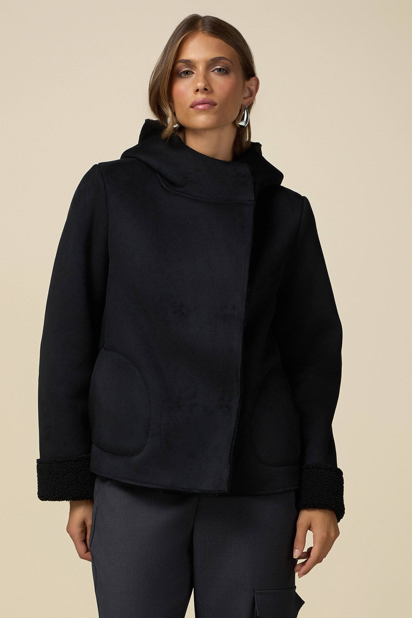 HOODED FAUX SHEEPSKIN JACKET BLACK 1