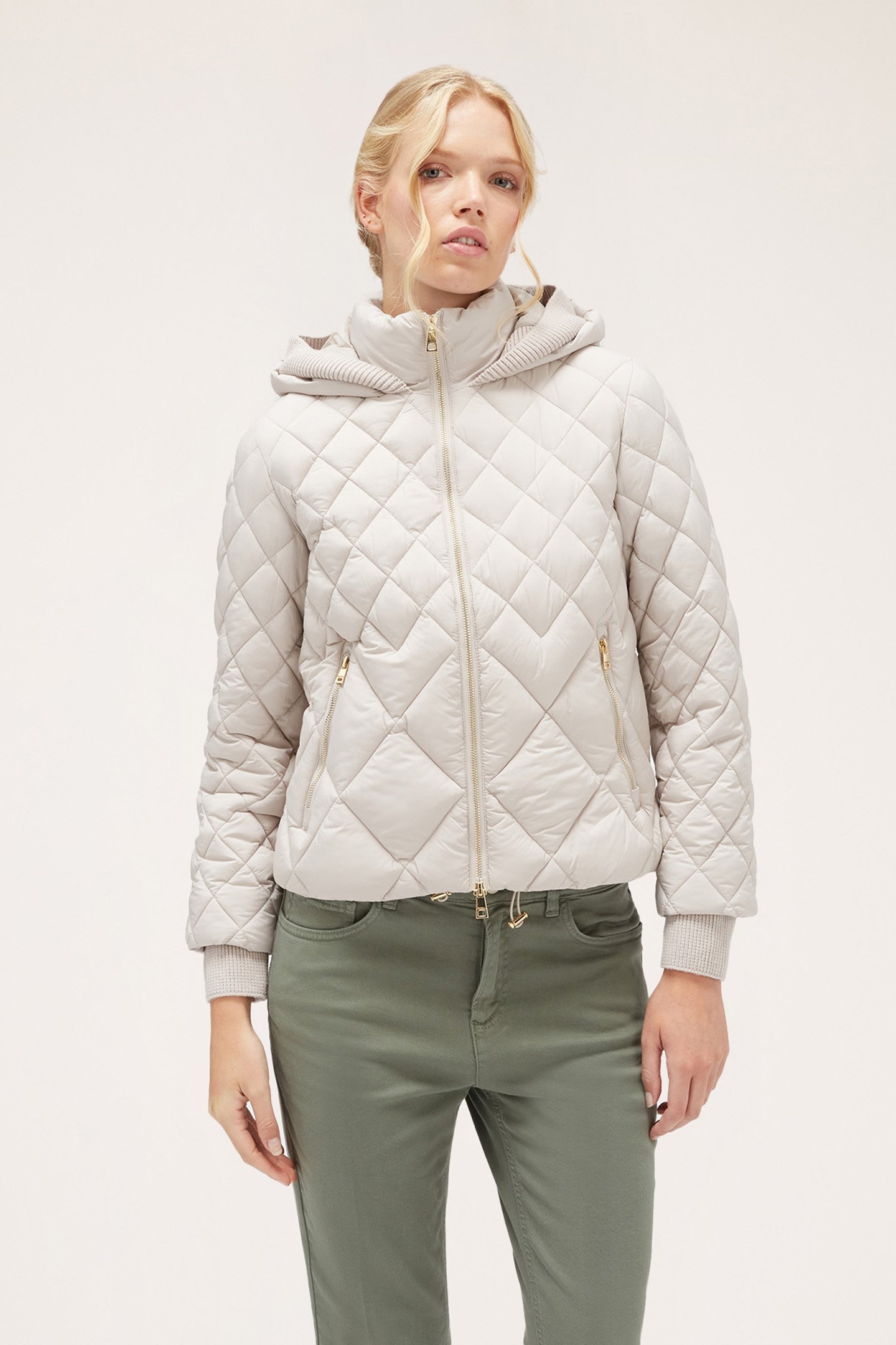 PADDED JACKET WITH HOOD AND KNIT BORDERS GREY 1