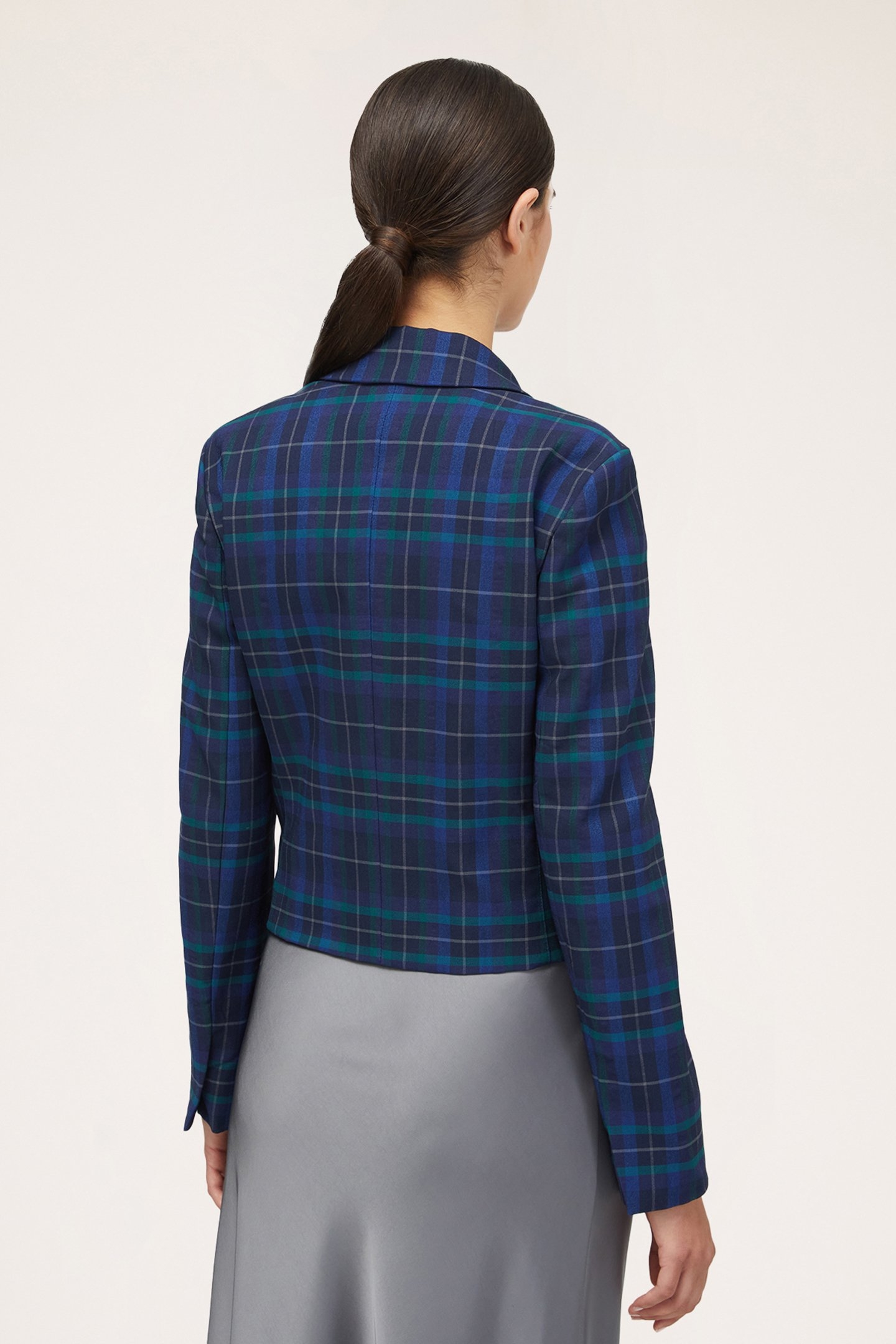 SHORT CHEQUERED PATTERN BLAZER JACKET BLUE 2