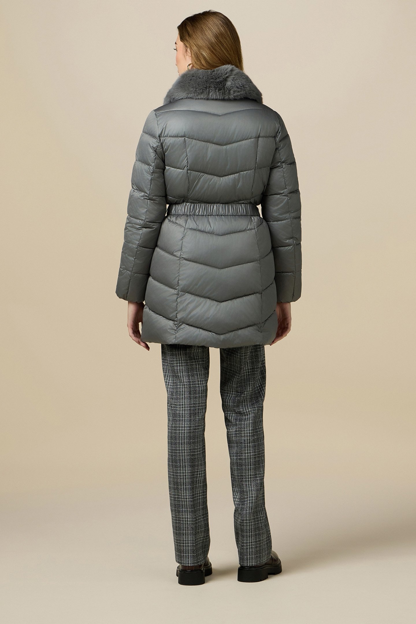 MIDI DOWN JACKET WITH BELT AND FURRY COLLAR GREY 2