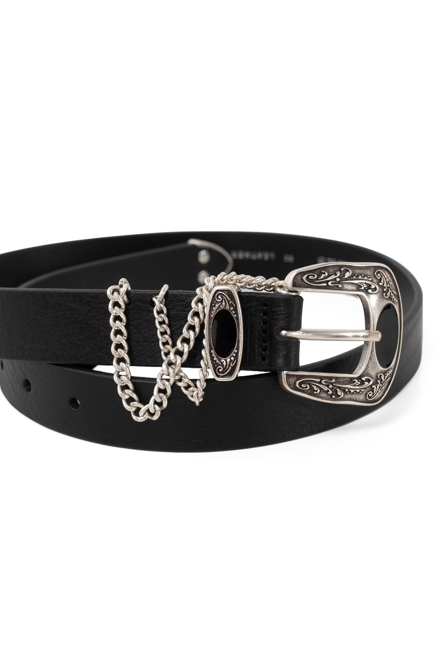 BLACK LEATHER BELT WITH ENGRAVED BUCKLE AND CHAINS BLACK 4