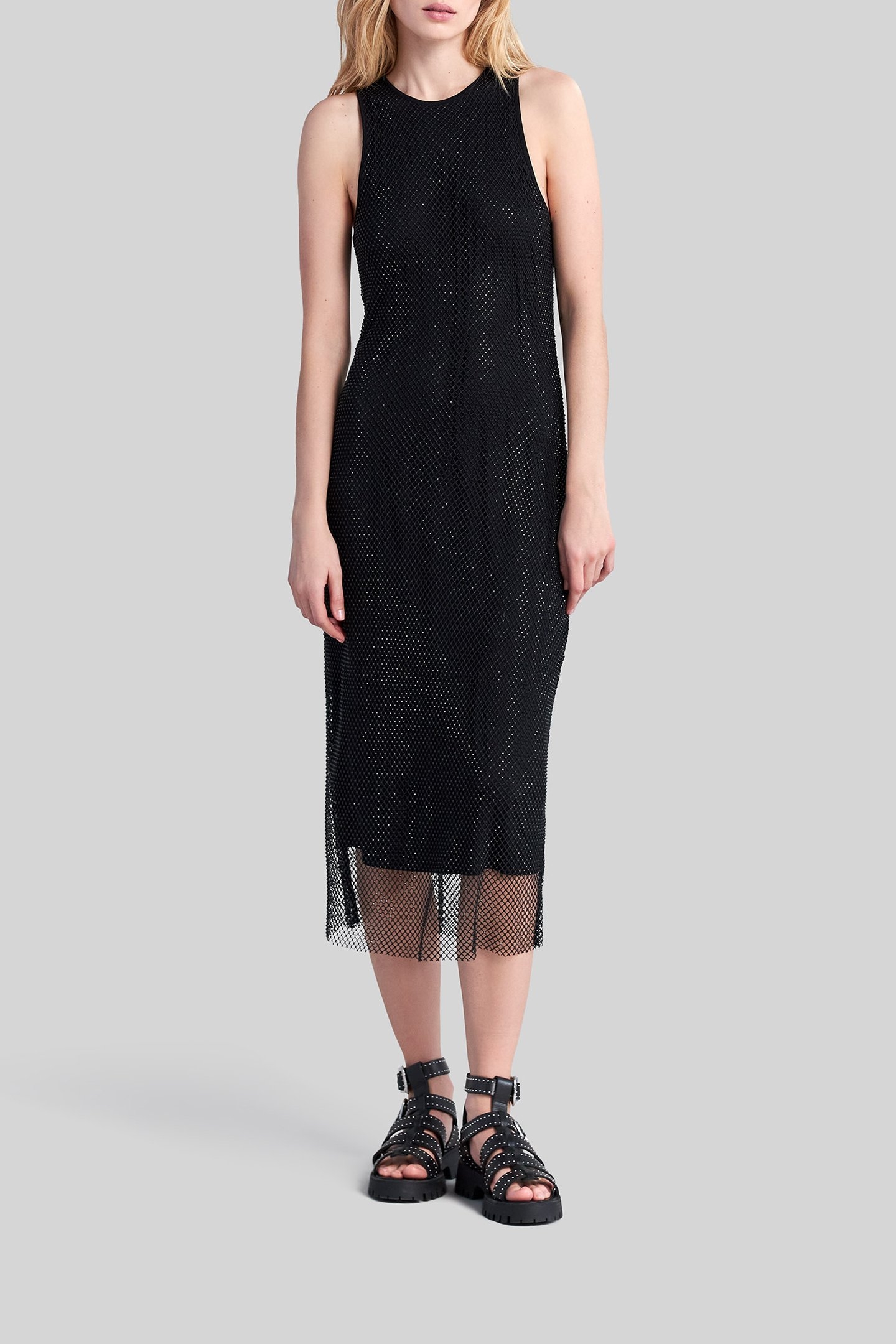 BLACK VOILE LINED MIDI DRESS WITH DIAMANTÉ MESH BLACK 1