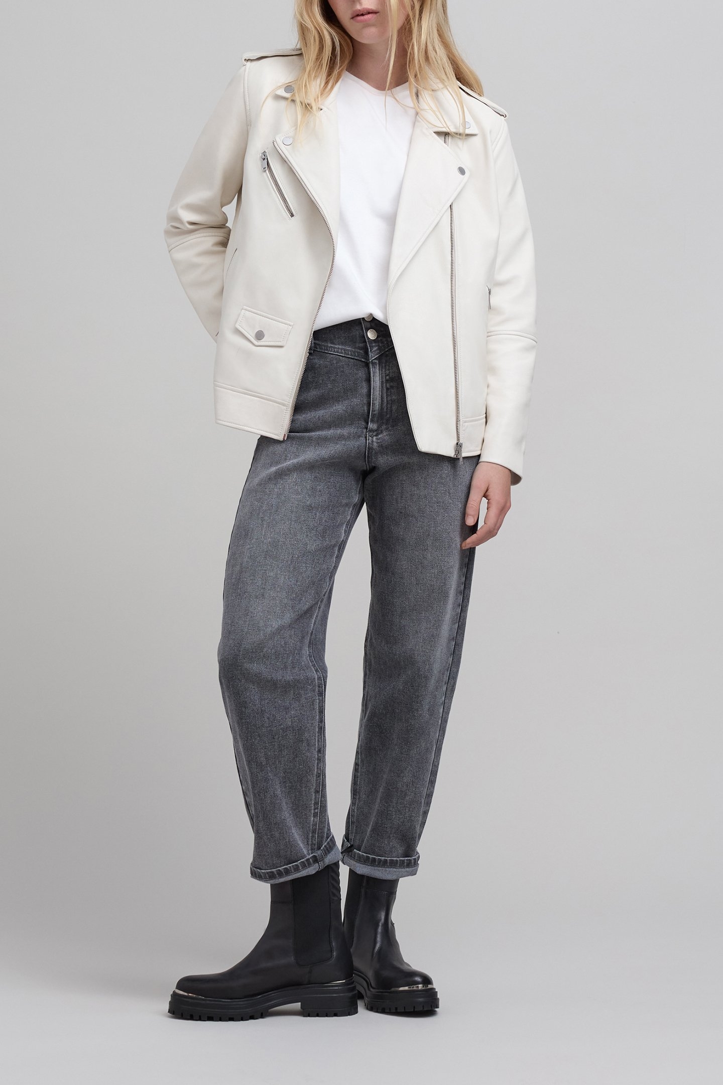 ECRU LEATHER BIKER JACKET WITH ZIPPED POCKETS OFF-WHITE 3