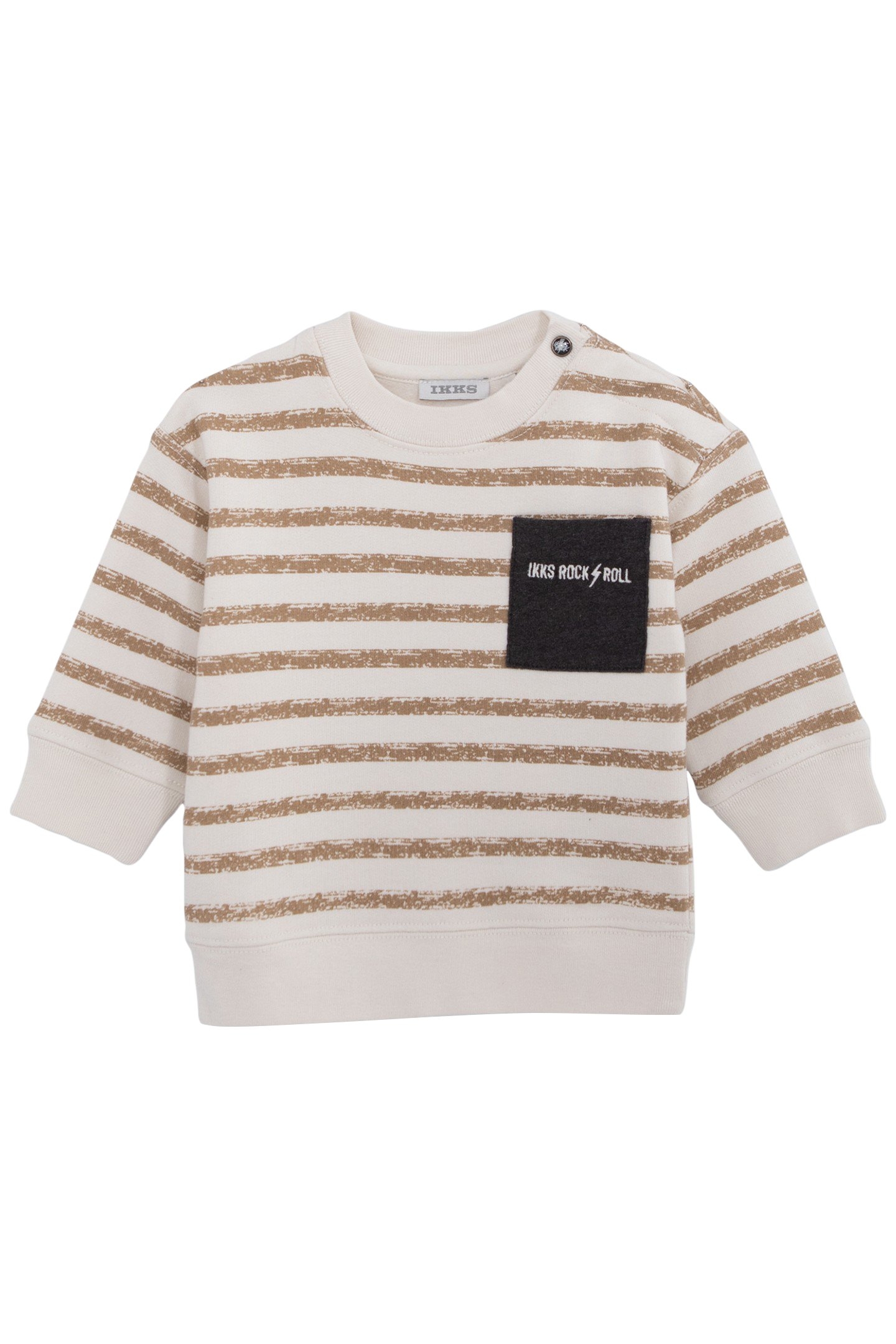 BABY BOY'S ECRU SWEATSHIRT, CAMEL STRIPES AND GREY POCKET 1