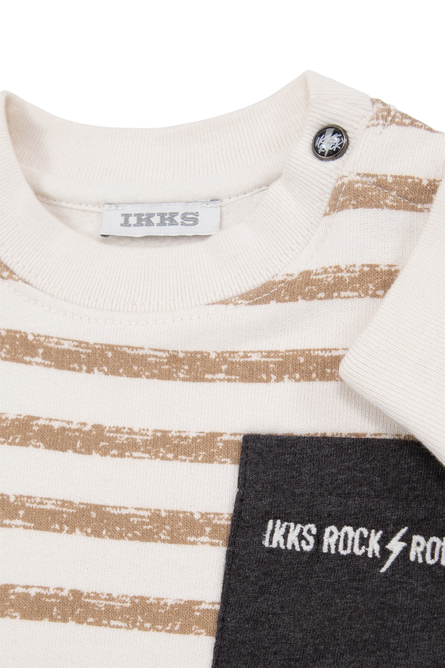BABY BOY'S ECRU SWEATSHIRT, CAMEL STRIPES AND GREY POCKET 3