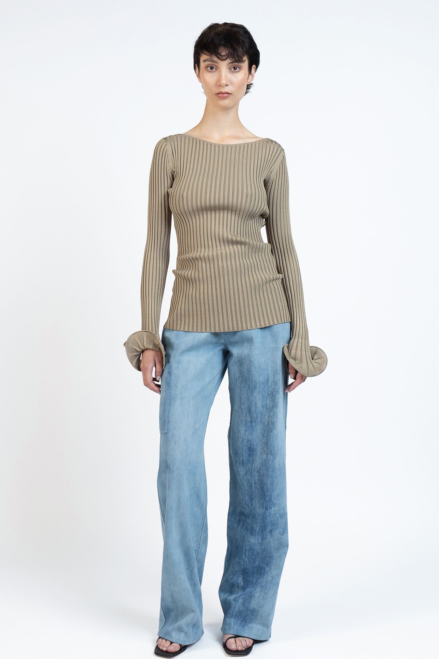 KNIT FITTED LONGLEEVE TOP STRIPED KHAKI/ BROWN 1