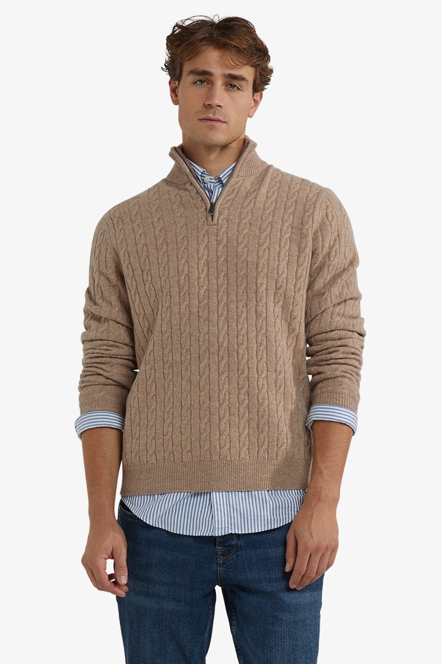 CABLE ZIP MOCK SWEATER SAND 1
