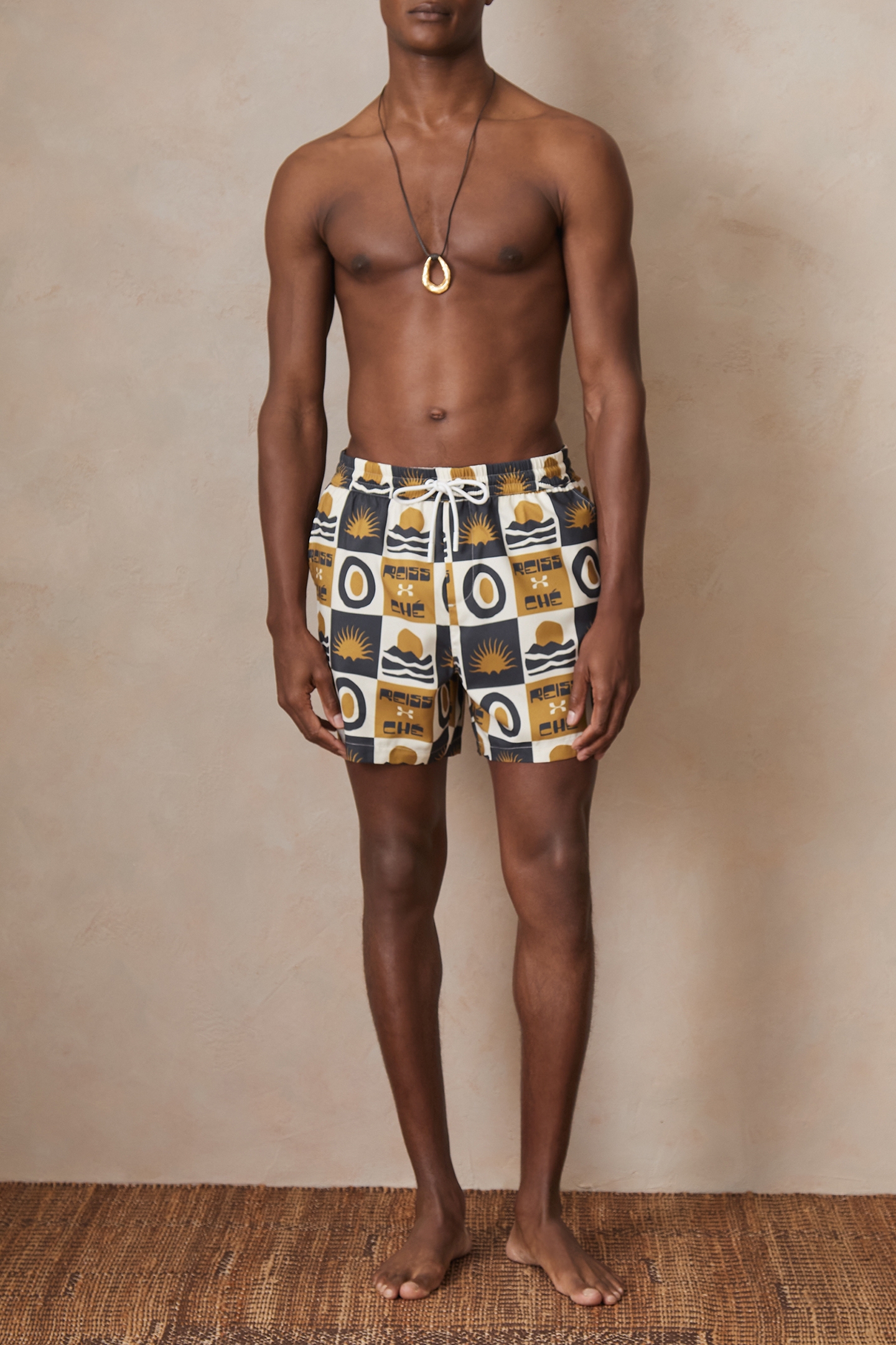 DRAWSTRING TILE SUNSET PRINT SWIMSHORT OLIVE GREEN 3