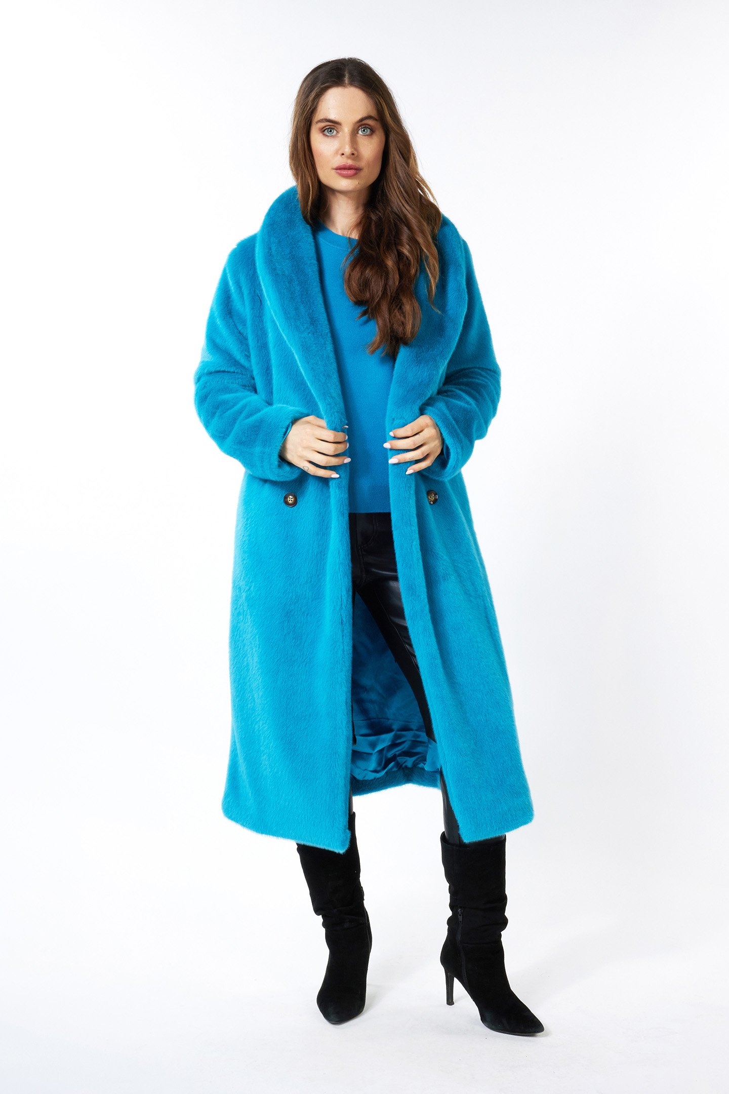 COAT SHAWL COLLAR FAKE FUR PETROL 2
