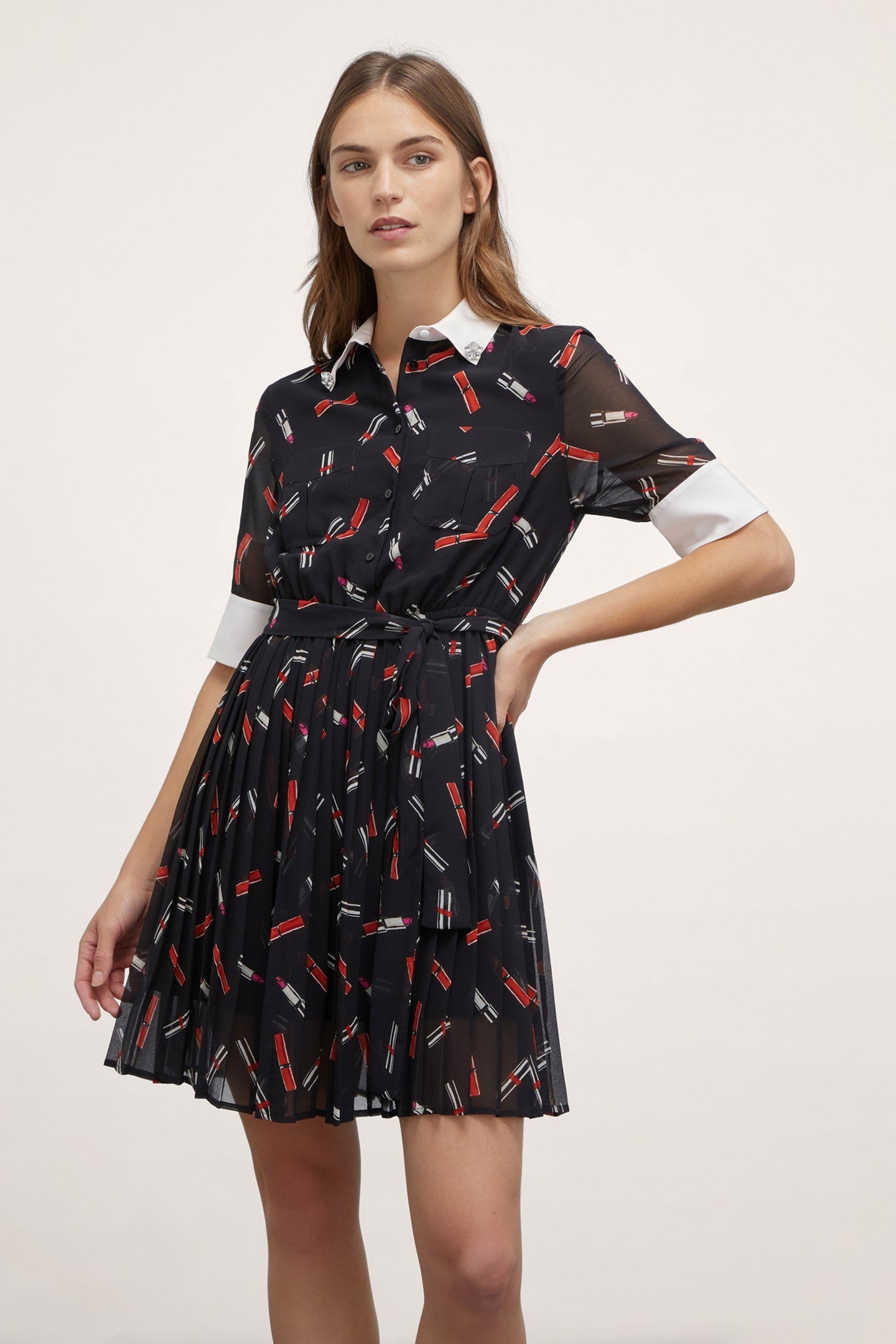 LIPSTICK PATTERN GEORGETTE CHEMISIER DRESS BLACK 1