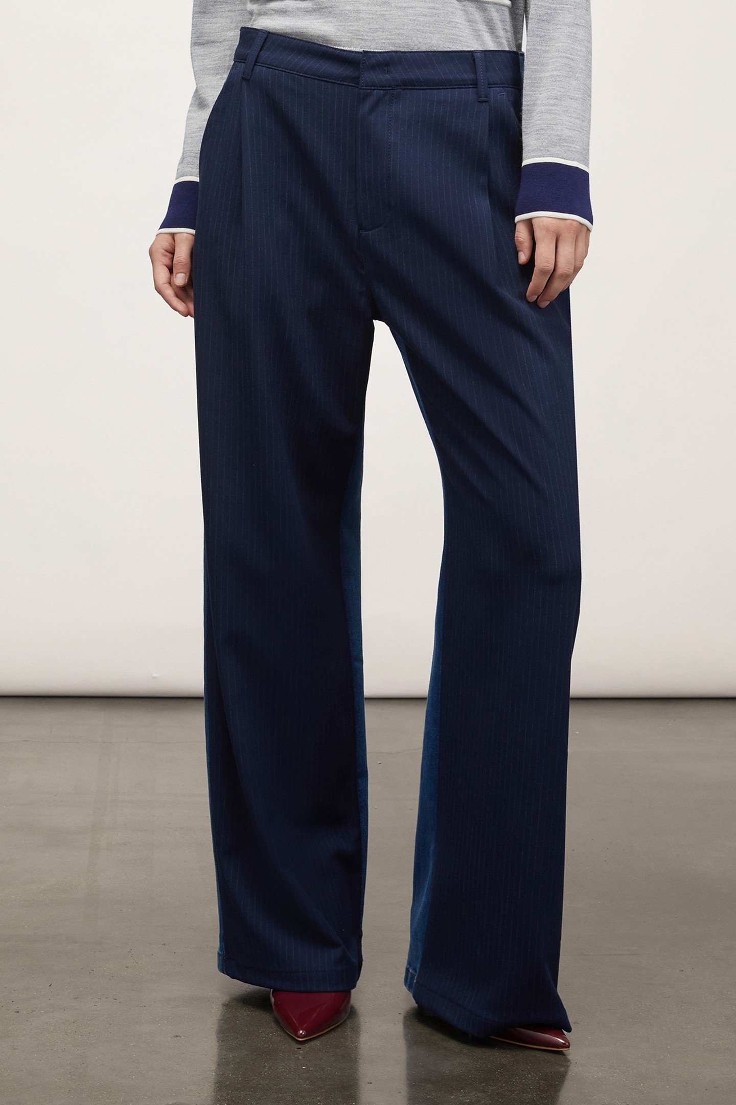 PINSTRIPE PALAZZO TROUSERS WITH DENIM INSERT BLUE 1