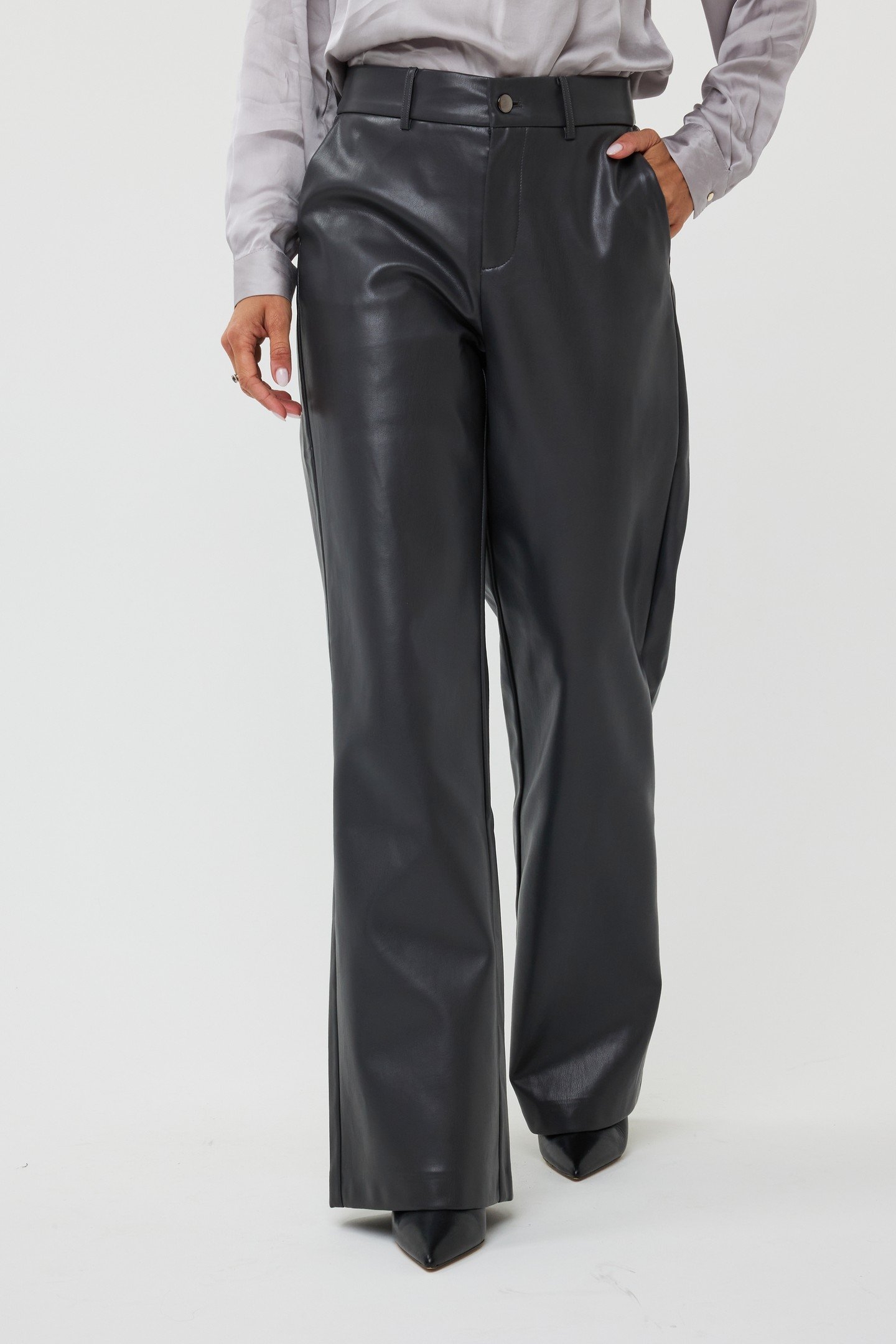 TROUSERS WIDE VEGAN LEATHER GREY 2